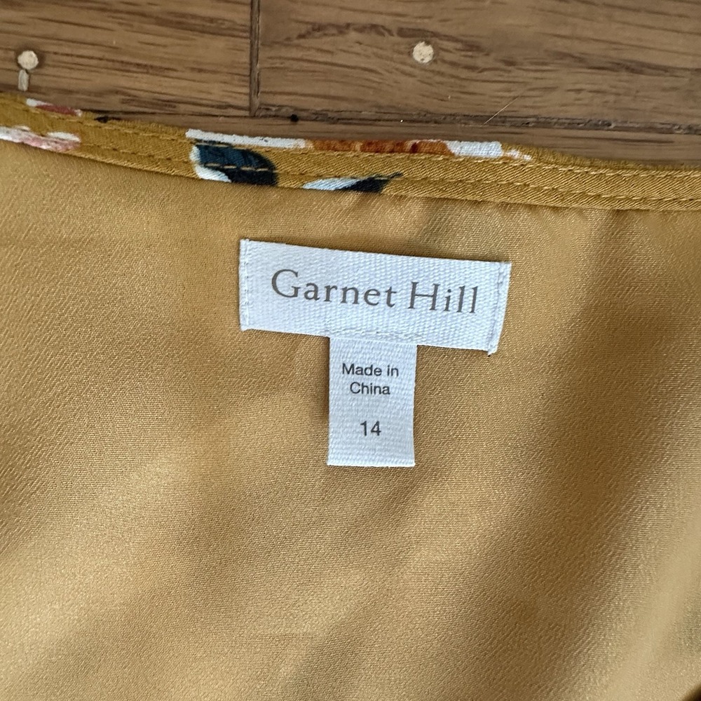 Garnet Hill Midi Dress Womens Sz 14 Mustard Yellow Floral Pockets Short Sleeve - Picture 8 of 13